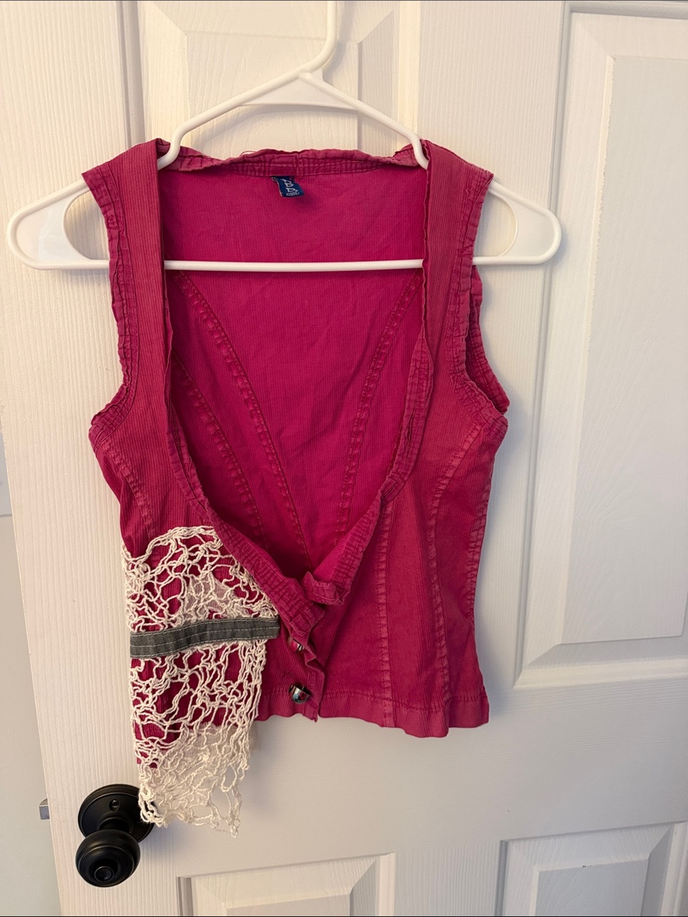 Womens Fuchsia V-Neck Crochet Accent Vest